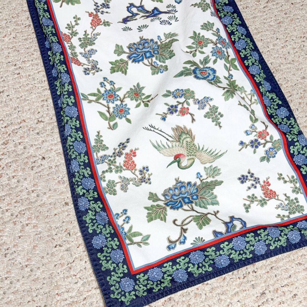 Asian Theme Crane & Flowers Cotton Table Runner Chinese Decor Nature 104" x 17"